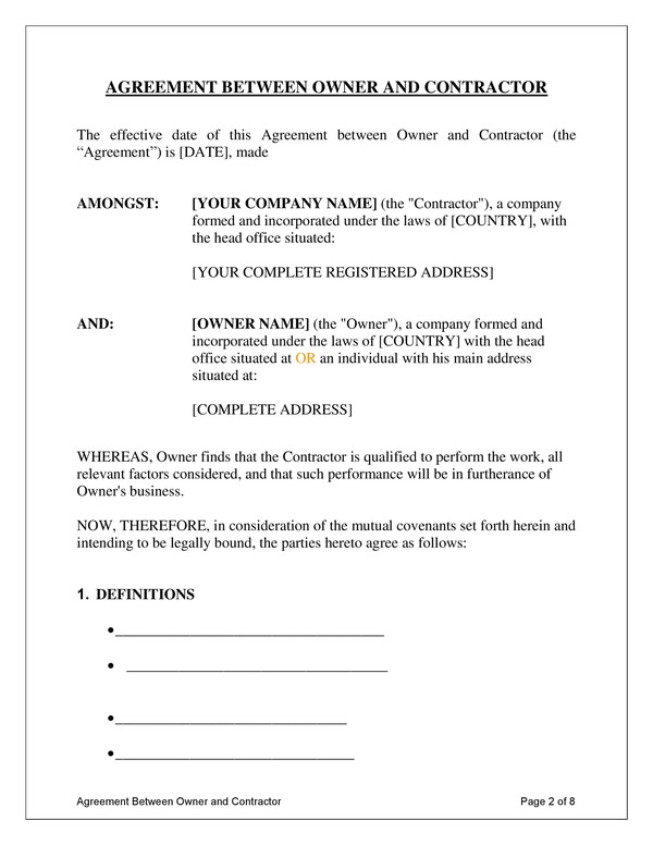 Agreement Between Owner and Contractor Template - Smart Sales kit